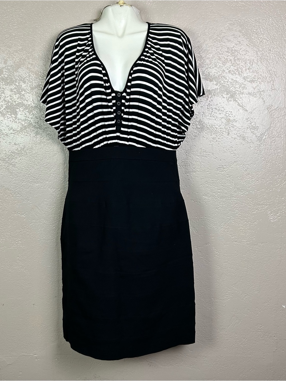 Nicole Black and White Striped Bodice Midi Dress